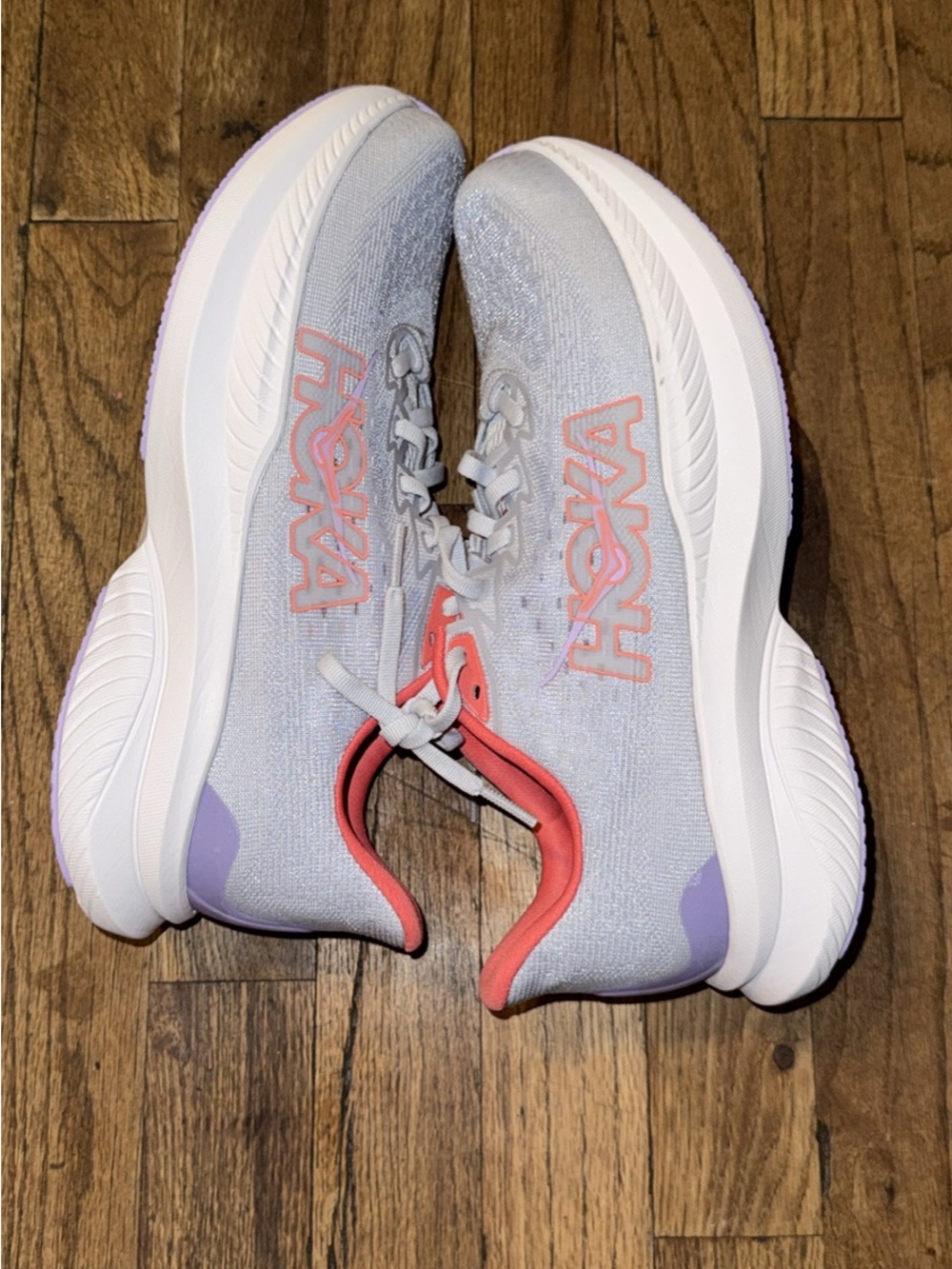 Hoka Women's Light Gray Running Shoes with Coral & Lavender Accents